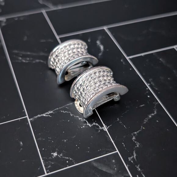 Vintage NJY Clip On Earrings Curved Chunky Silver Tone with Woven Design Large - Picture 3 of 5